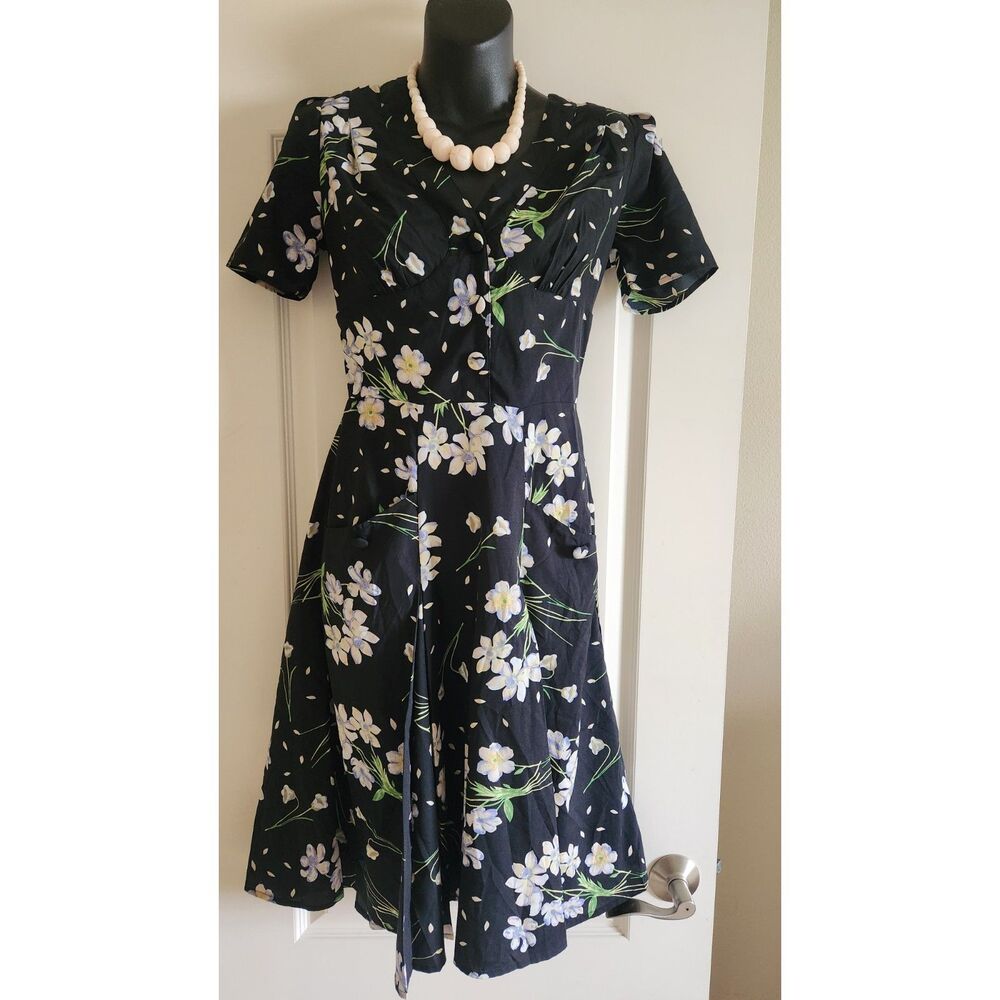 Hell Bunny Vixen Freya Black Floral Mid-Length Fit And Flare Dress Retro Size XS